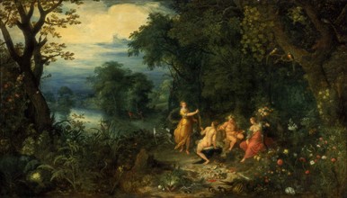 Govaerts, A landscape with wood; Diana offers a hare to a nymph; Silenus and Ceres in foreground