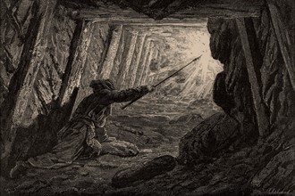 Miner igniting pockets of gas methane in a mine, 1869