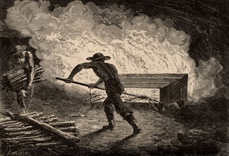 Miners breaking up rock by setting a fire on it, 1869