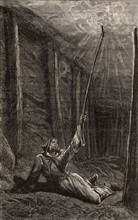 Miner igniting pockets of gas methane in a mine, 1877