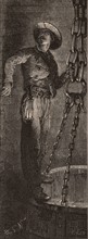 Mineur maintenu par des chaînes pendant sa descente, 1879