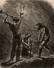 Cornish miners boring a hole to take a charge of explosive