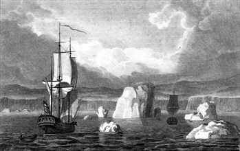 Sailing ships among icebergs in the Arctic Circle