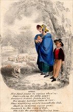 Country woman with baby and young boy sheltering from an April shower