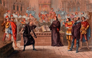 Portia, disguised as an advocate Balthazar, defends Antonio against Shylock's claim for a pound of flesh in settlement of his debt