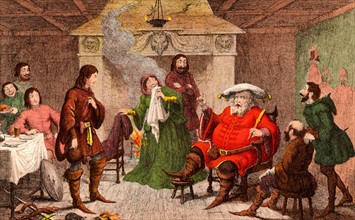 Falstaff, Prince Hal, and their cronies at the Boar's Head Tavern, Eastcheap, Falstaff playing being the King