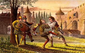 Sebastian, Olivia's long-lost twin brother, attacking Sir Andrew Aguecheek, watched by Sir Toby Belch and Feste the clown
