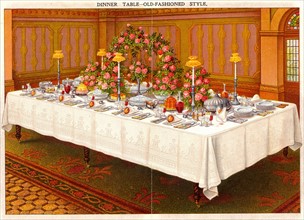 Table covered with a linen cloth and set for a formal dinner party