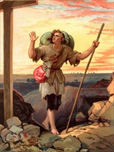 Christian, the pilgrim of the title, in sight of the Cross