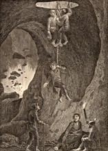 Miners being lowered by ropes