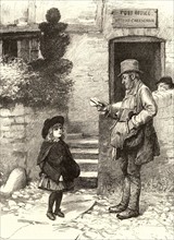 Little girl asking the village postman if there is a letterr for her. Engraving from "The