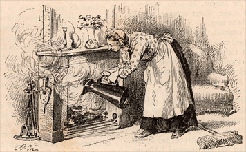 A maid pouring a jug of water on a fire