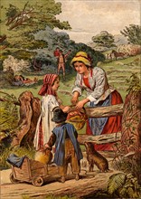 Summer: Children bringing food and drink to their parents who are Haymaking