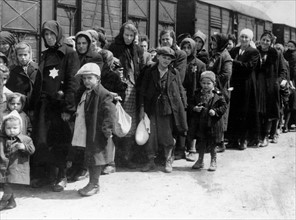 Arrival of a train containing Jews deported to Auschwitz death camp in Poland