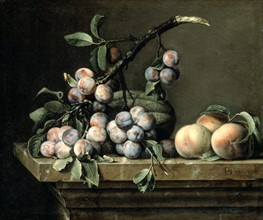 Dupuis, Plums, Melon and Peaches on a Marble Table