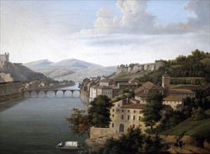 View of the Rhone: Riverscape with bridge connecting buildings on both banks of the water