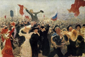 The Demonstration of 17 October 1905': Crowd reaction to Nicholas II's "Manifesto on the Improvement of the State Order" which pledged freedom of religion, speech, assembly and association, and the in...