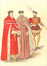 Two peers in their robes accompanied by a Halberdier in the time of Elizabeth I