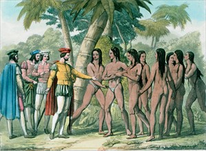 Hernando Cortez making contact with native Mexicans