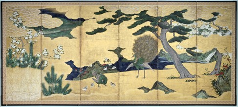 Six-leaved screen with displaying Peacock and Peahen with chicks