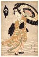 Young woman with parasol in falling snow