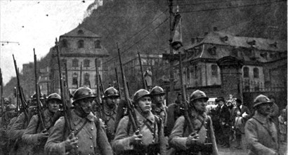 French soldiers march into the occupied Ruhr area of Germany after the First World War Circa 1923