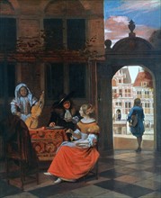 A Music Party: Group in a courtyard round table covered with a carpet