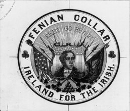 Advertisement label for Fenian with a portrait of the Irish patriot Robert Emmet against a shield with stars and stripes