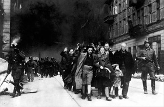 Jewish civilians captured during the destruction of the Warsaw Ghetto, Poland, 1943.