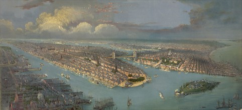 Bird's-eye view of New York  city and harbour with New Jersey waterfront, left