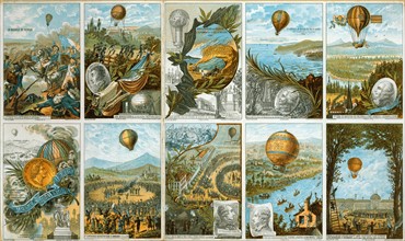 Set of French collecting cards on ballooning to mark the centenary of the Mongolfier Brothers' first flight in 1783, with scenes of early French balloon flights