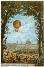 First manned flight  in a hydrogen-filled balloon made by Jacques Charles and Nicolas-Louis Robert from the Tuileries, Paris, France, 1 December 1783