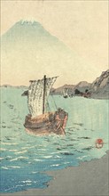 Print shows a large sailboat just off the shore with view of Mount Fuji in the distance