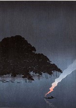 Night scene of small boat with plume of smoke from smoky lantern approaching the great Pine tree at Karasaki, Lake Biwa, 1900-1920
