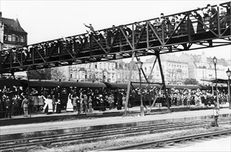 German troop train being waved off from Furth railway station by cheering crowds