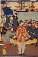 Yoshitora, Une gravure d'un triptyque montrant des marchands européens