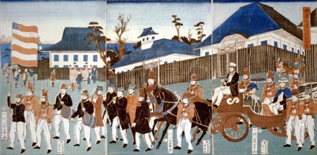 Yoshigawa, Triptych showing a parde of foreigners - Yokohama