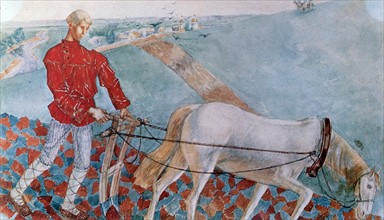 Petrov-Vodkin, Man ploughing with a white horse