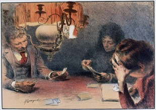 Reading at a table by the light of a hanging oil lamp