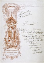 Dinner menu hand-written on a publicity card for Theophile Roederer & Co