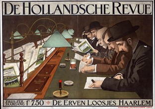 Advertisement for 'De Hollandsche Revue', 1910, Dutch periodical, showing men sitting  at a long