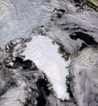 Satellite image of  a snow and ice-covered Greenland