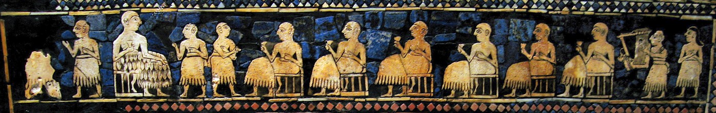 The Peace frieze from the Standard of Ur, Sumerian artefact excavated by the archaeologist Sir Leonard Woolley from the Royal Cemetery in Ur