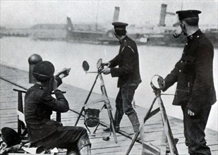 British marines practicing sending and receiving signals by heliograph