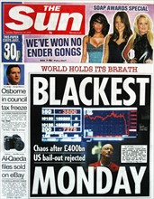 The Sun:  headline on collapse of stock market and Financial institutions in September 2008