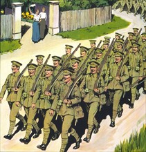Poster showing a battalion marching down a lane