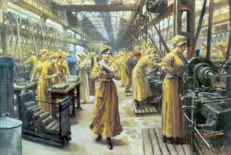 English arms factory with female workers in 1915