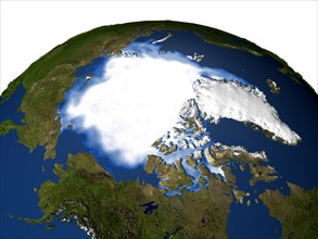 Satellite and computer generated image of the Arctic and Greenland