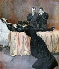 Madame Carnot kneeling by the deathbed of her husband