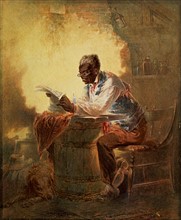 Black man reading newspaper by candlelight' watercolour